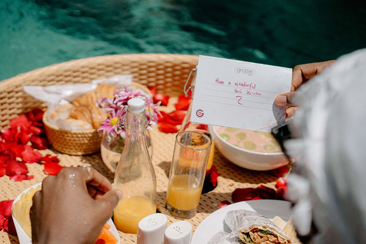 floating breakfast in bali inside a pool in a villa by grazie bali floating breakfast delivery