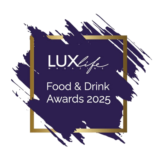 LUXlife Magazine Food & Drink Awards 2025 logo for Grazie Bali as Best FLoating Breakfast in Bali with a purple abstract design on a white background