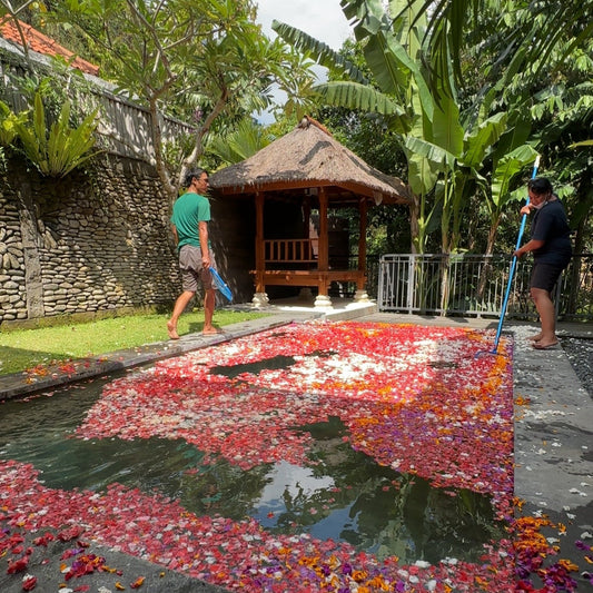 a man and a woman cleaning pool filled with flower petals in Bali