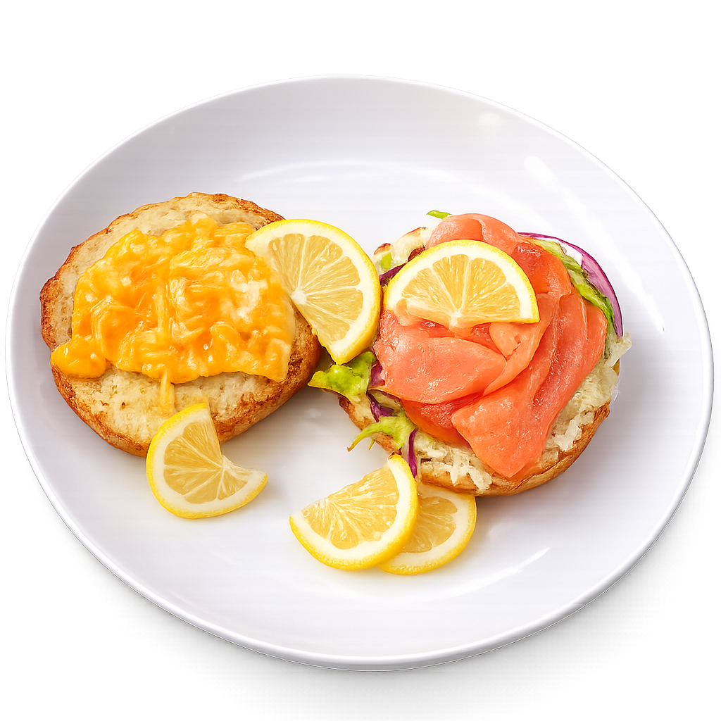 Sandwich with salmon, lemon slices, and a poached egg on a white plate.